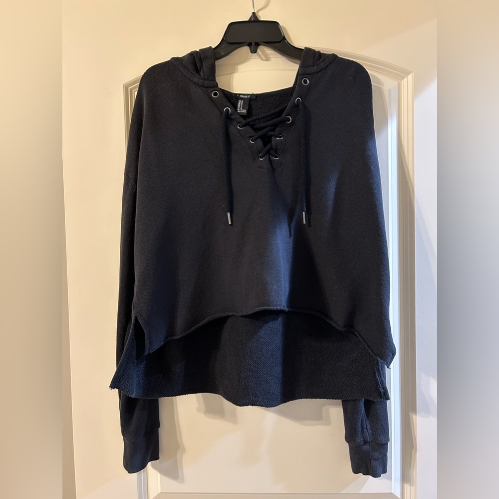 Forever 21 Black Hooded Cropped Lace Up Sweatshirt
